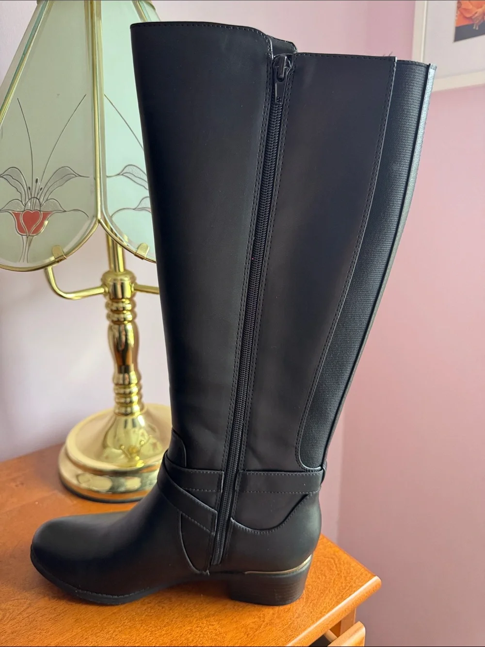 NWT Liz Claiborne Black Leather Over-the-Knee Riding Boots with Gold Accent
